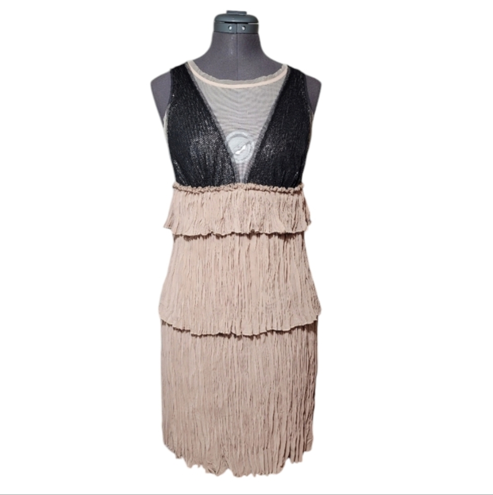 BCBGMaxAzria Black and Beige Tiered Fringe Mini Dress